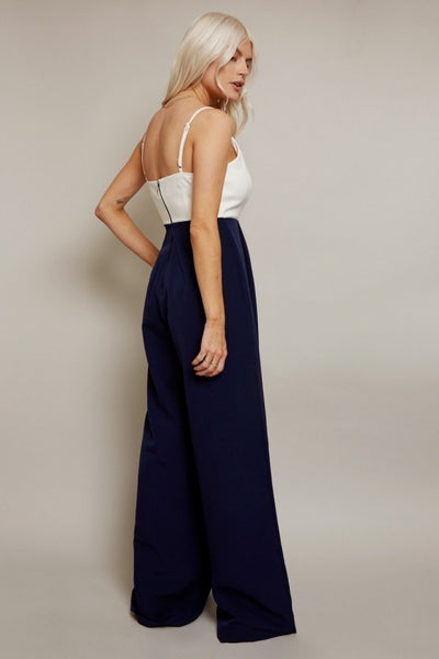White & Navy Spaghetti Strap Wide Leg Jumpsuit