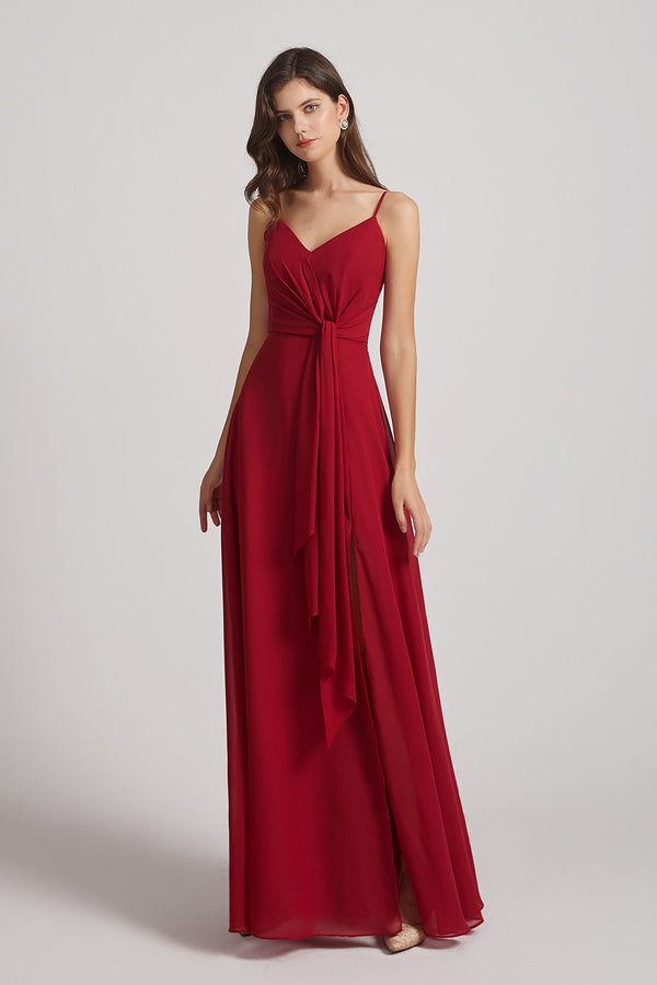 Maroon Spaghetti Straps V-Neck Waist-Tie Maxi