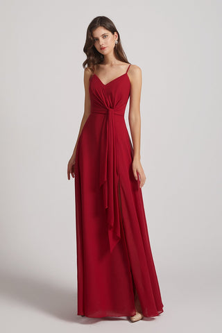 Maroon Spaghetti Straps V-Neck Waist-Tie Maxi