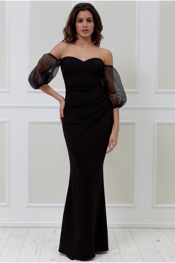 Black Organza Puffed Sleeve Off the Shoulder Maxi Dress