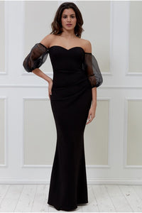 Black Organza Puffed Sleeve Off the Shoulder Maxi Dress