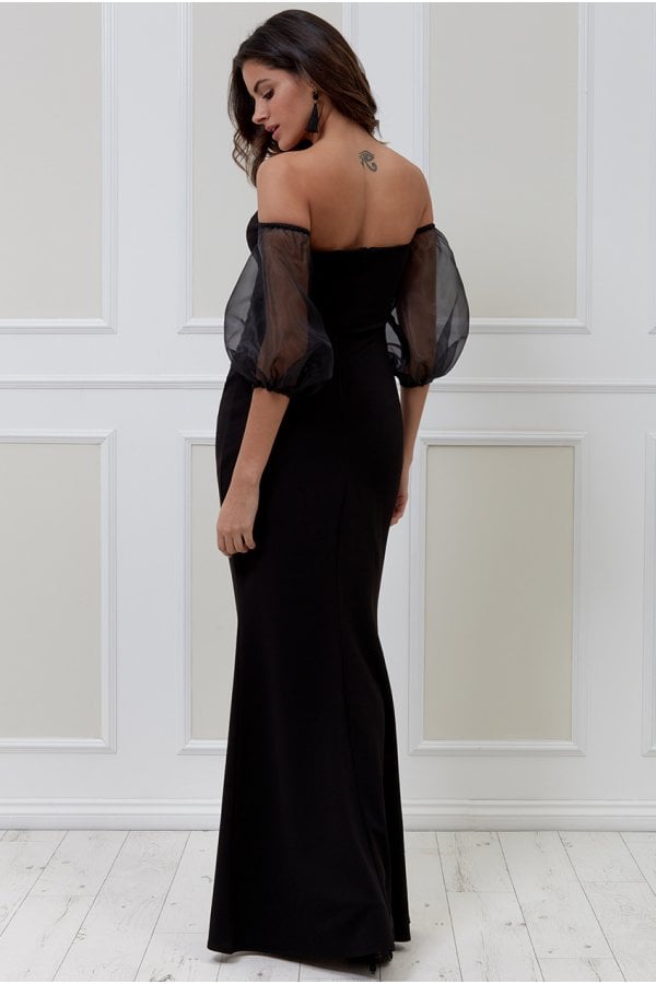 Black Organza Puffed Sleeve Off the Shoulder Maxi Dress