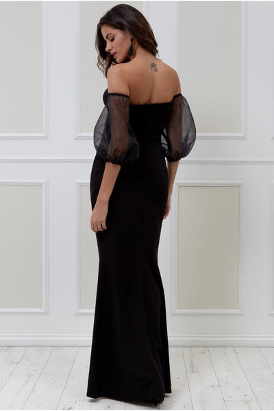 Black Organza Puffed Sleeve Off the Shoulder Maxi Dress