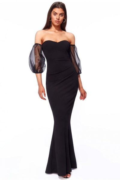 Black Organza Puffed Sleeve Off the Shoulder Maxi Dress