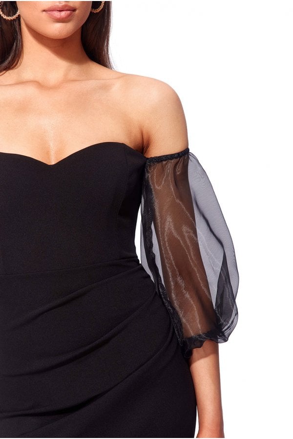 Black Organza Puffed Sleeve Off the Shoulder Maxi Dress