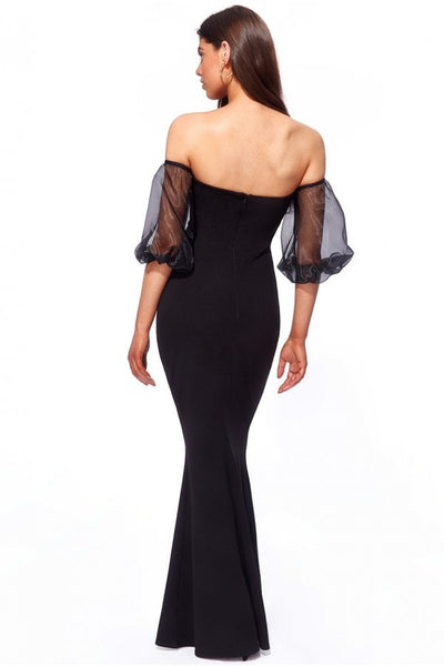 Black Organza Puffed Sleeve Off the Shoulder Maxi Dress