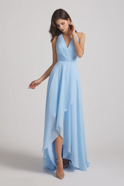 Sky Blue V-Neck Sleeveless Criss-Cross Back Asymmetrical Hi-Lo Maxi