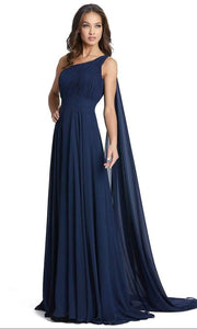 Navy Blue One Shoulder Ruched Flared Maxi