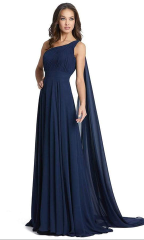 Navy Blue One Shoulder Ruched Flared Maxi