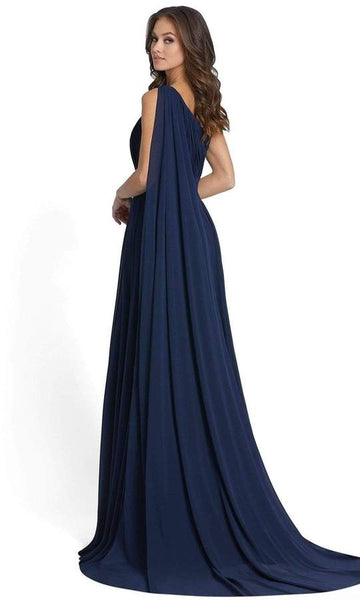 Navy Blue One Shoulder Ruched Flared Maxi