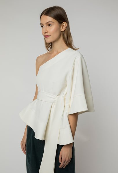 Off-White Tie-Waist Asymmetrical Top With Pants
