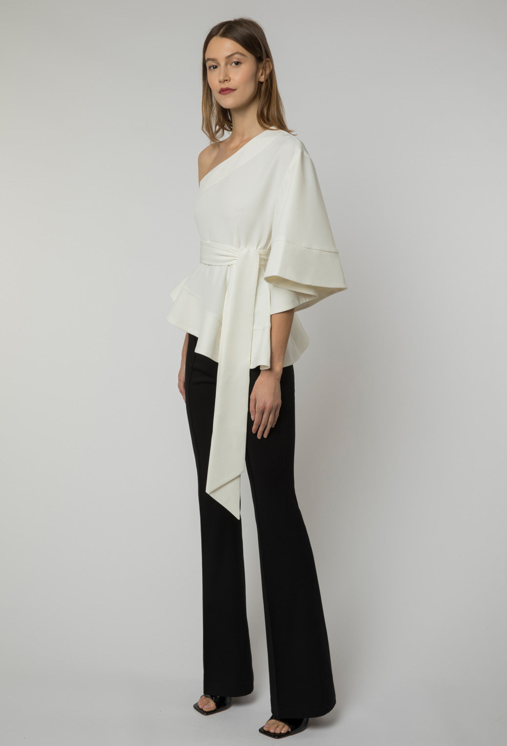 Off-White Tie-Waist Asymmetrical Top With Pants
