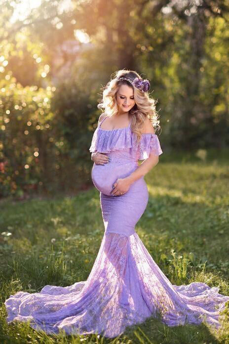 Lavender Lace Ruffle Condole Belt Off Shoulder Maternity Gown