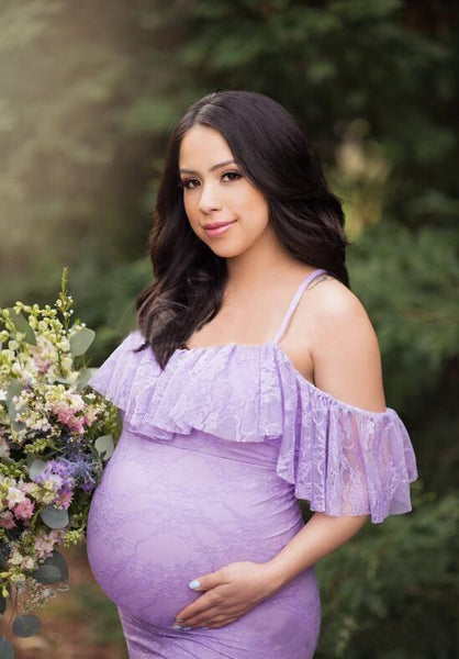 Lavender Lace Ruffle Condole Belt Off Shoulder Maternity Gown
