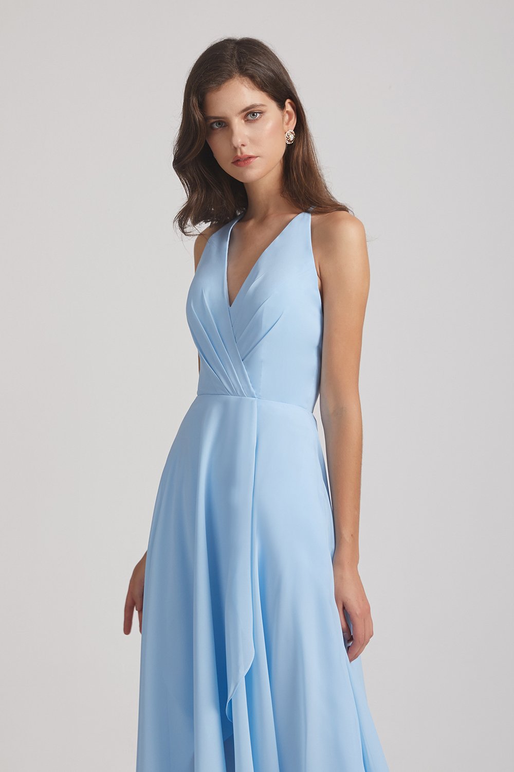 Sky Blue V-Neck Sleeveless Criss-Cross Back Asymmetrical Hi-Lo Maxi