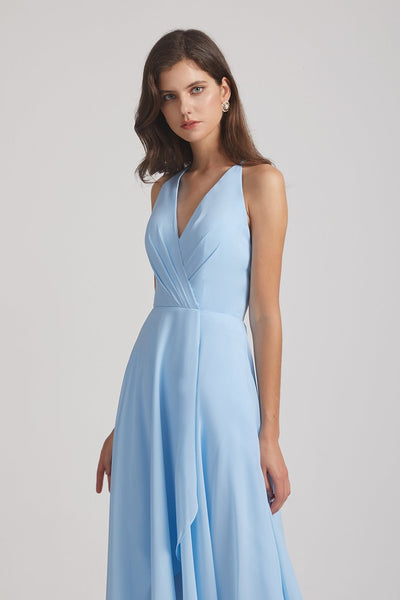 Sky Blue V-Neck Sleeveless Criss-Cross Back Asymmetrical Hi-Lo Maxi