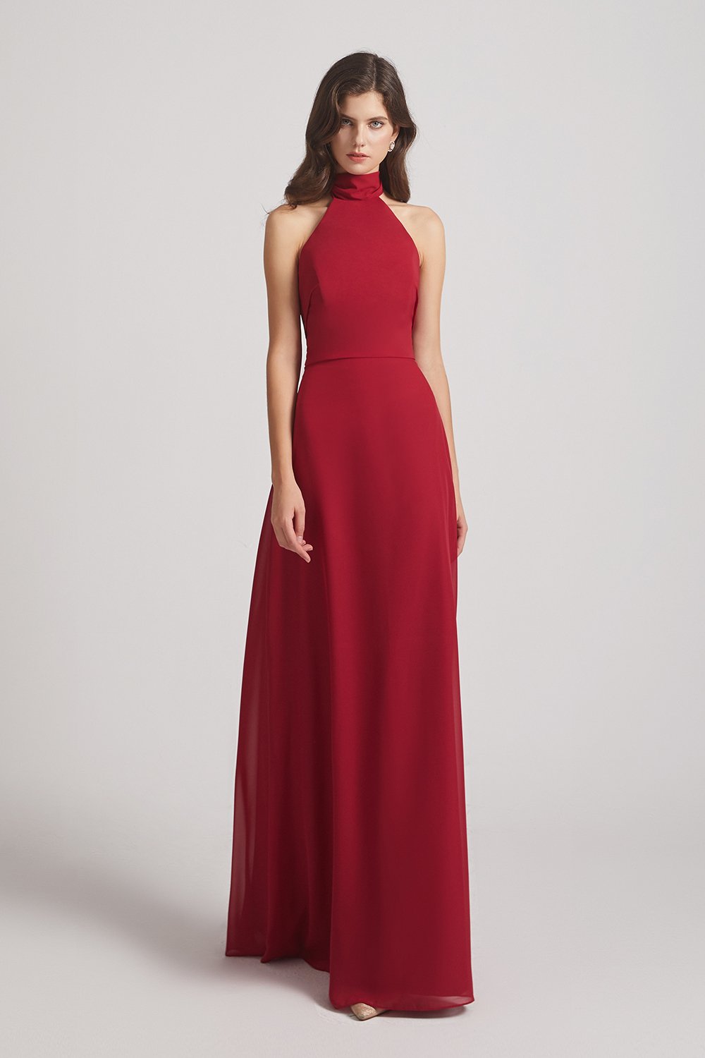 Maroon Backless High Neck Halter Maxi Dresses