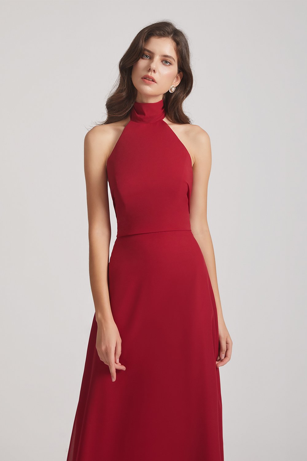 Maroon Backless High Neck Halter Maxi Dresses
