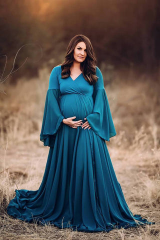 Petrol Green V Neck Extra Flared Maternity Photoshoot Gown