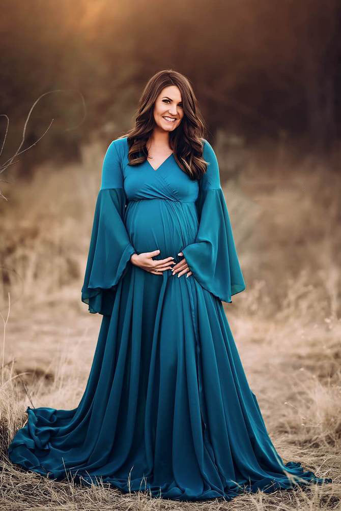 Petrol Green V Neck Extra Flared Maternity Photoshoot Gown