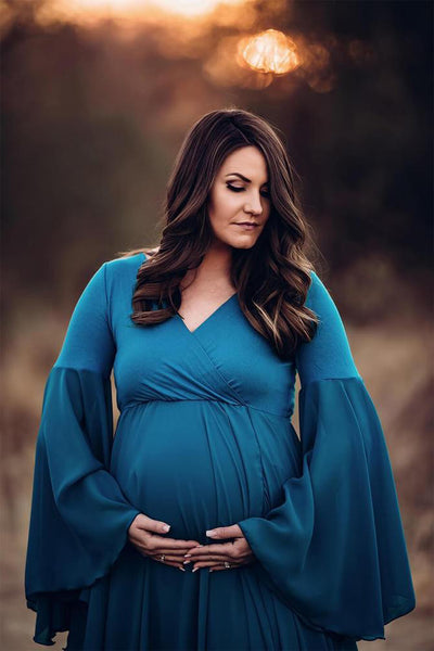 Petrol Green V Neck Extra Flared Maternity Photoshoot Gown