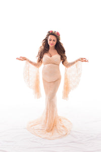 Peach Off-Shoulder Bell Sleeves Lace Maternity Gown