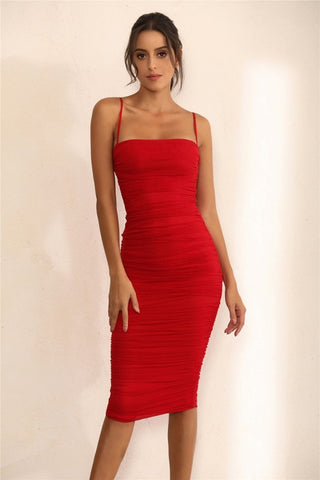 Red Ruched Mesh Bodycon Midi Dress