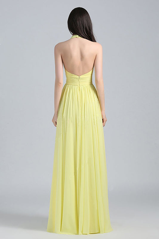 Yellow Plunge Neck Ruched Halter Maxi