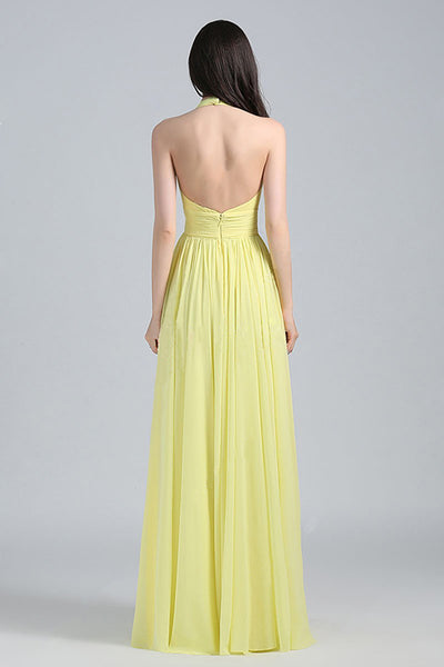 Yellow Plunge Neck Ruched Halter Maxi