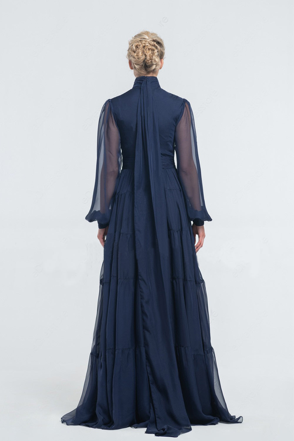 Navy Blue Tie Neck Tiered Flared Dress