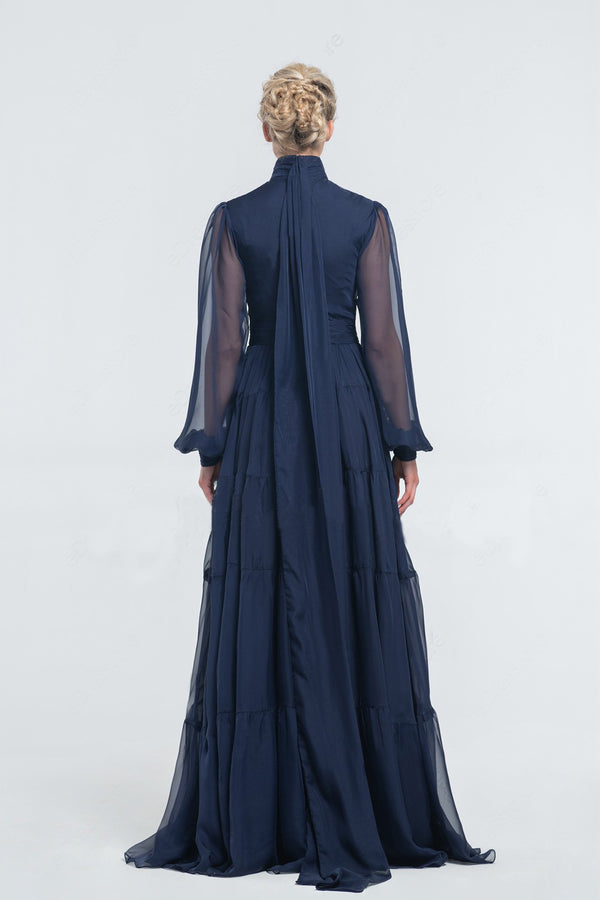 Navy Blue Tie Neck Tiered Flared Dress