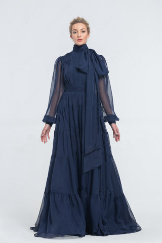 Navy Blue Tie Neck Tiered Flared Dress