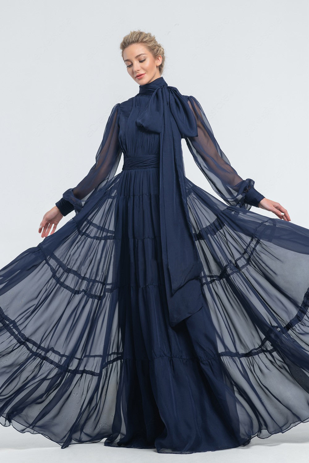 Navy Blue Tie Neck Tiered Flared Dress