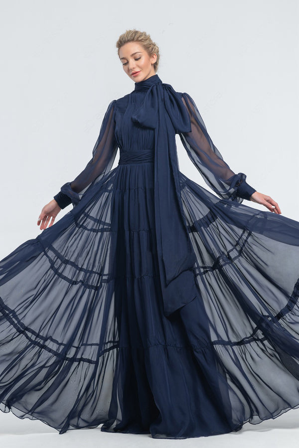 Navy Blue Tie Neck Tiered Flared Dress