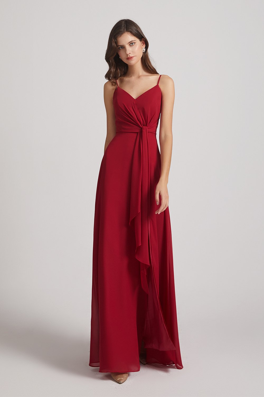 Maroon Spaghetti Straps V-Neck Waist-Tie Maxi