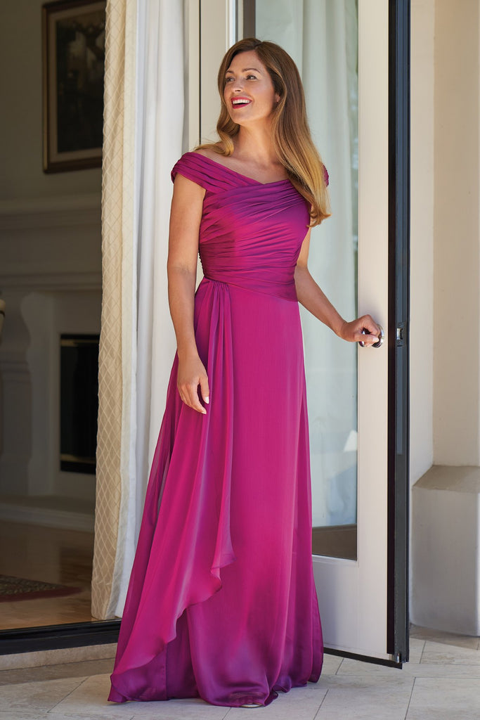 Pink Off Shoulders Satin Long Prom Dress with Slit