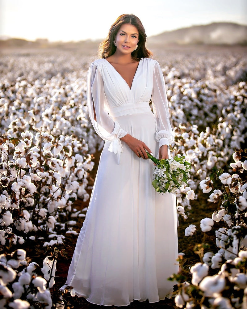 White V Neck Balloon Sleeves Cut-Out Maxi
