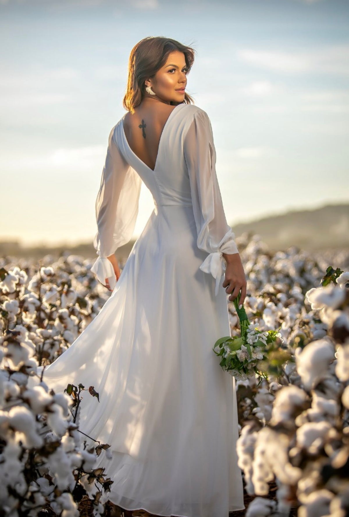 White V Neck Balloon Sleeves Cut-Out Maxi