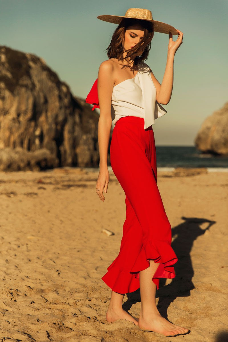 White One Shoulder Bow Detail Top & Pants Set