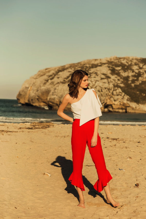 White One Shoulder Bow Detail Top & Pants Set