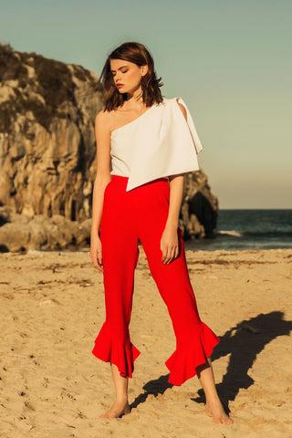 White One Shoulder Bow Detail Top & Pants Set