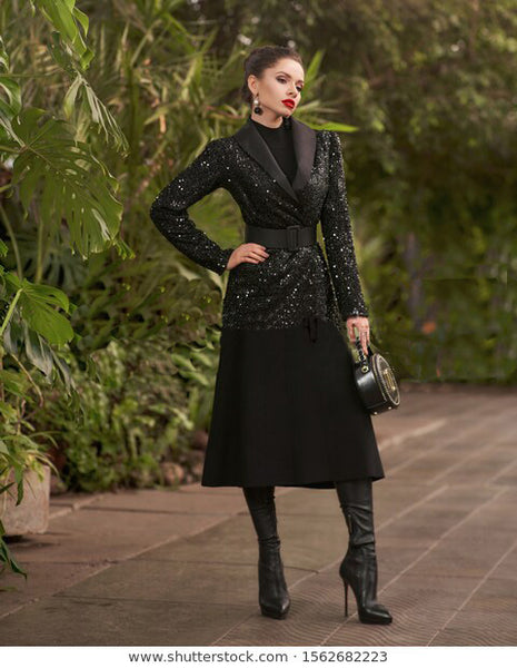 Black Glitter Party Blazer With Belt