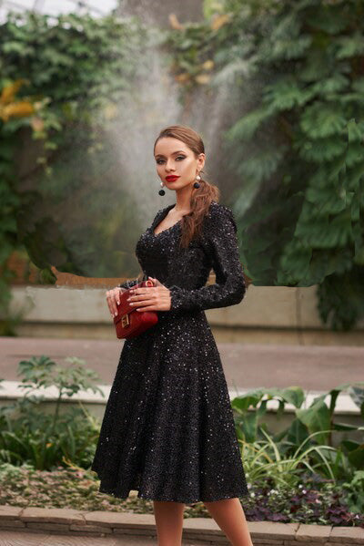Black Embellished V Neck Midi