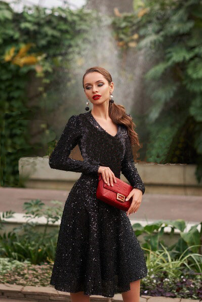 Black Embellished V Neck Midi