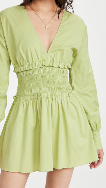 Lime-Green V Neck Smocked Waist Line Dress