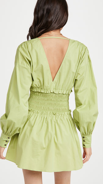 Lime-Green V Neck Smocked Waist Line Dress