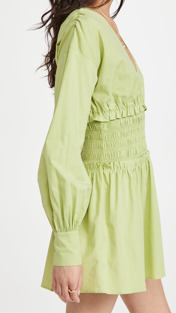 Lime-Green V Neck Smocked Waist Line Dress