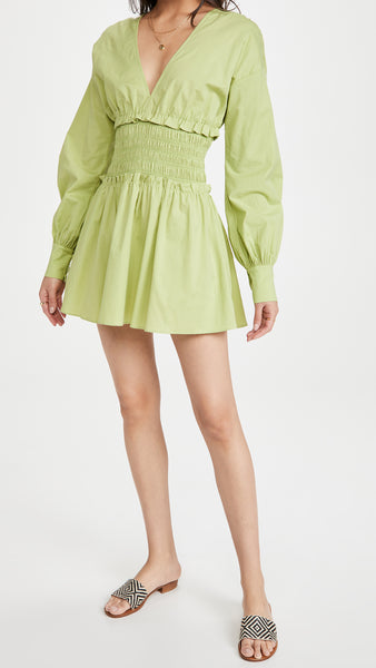 Lime-Green V Neck Smocked Waist Line Dress