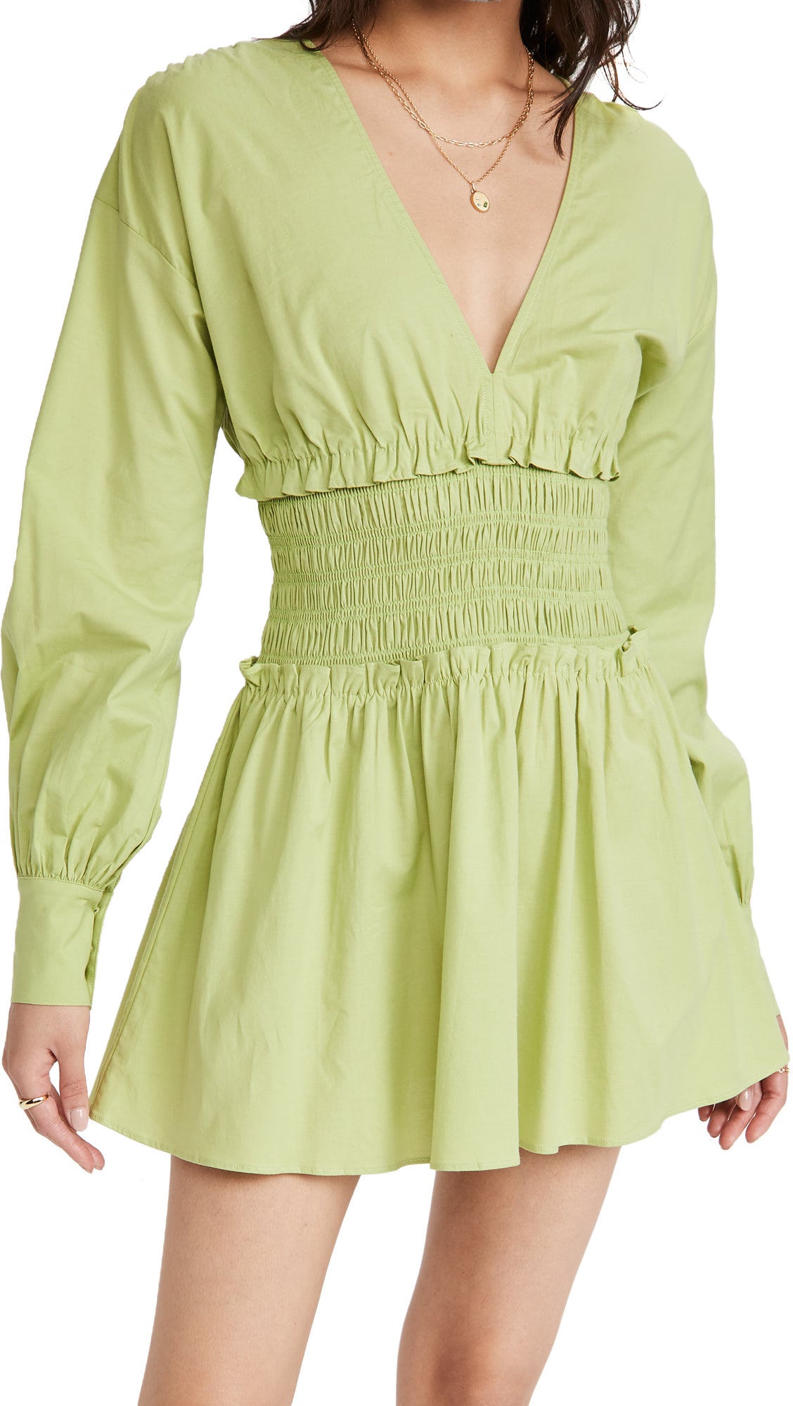 Lime-Green V Neck Smocked Waist Line Dress