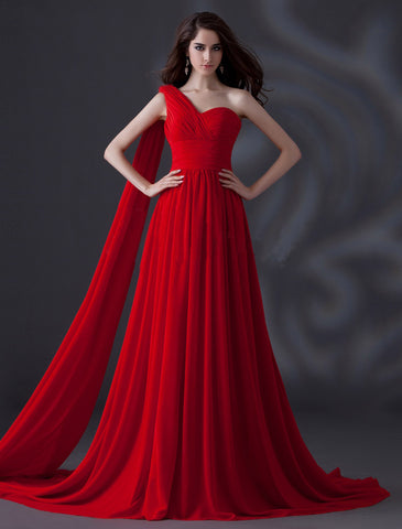 Red One Shoulder Ruched Photoshoot Gown With Trail